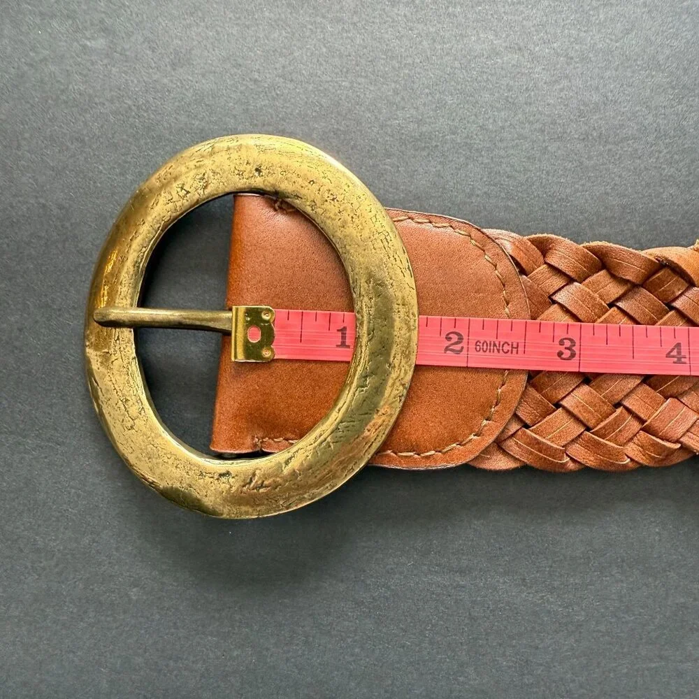Chico's Macarthy Brown Woven Leather Belt Oversized Brass Buckle 45